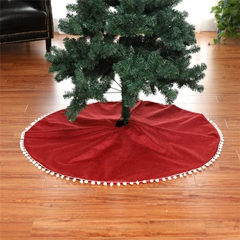 

50inch/127cm Pure Red Christmas Tree Skirt Flax Linen Cloth White Ball Edge High Quality Home Decoration New Year Decor YWYW05
