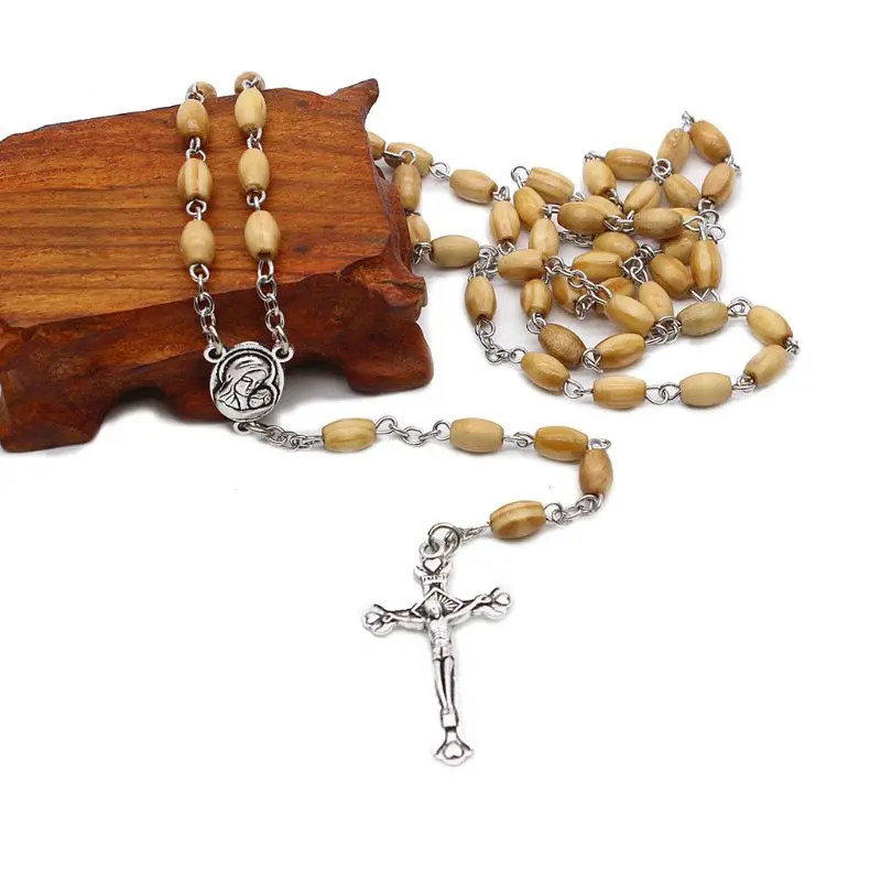 Ручной работы круглый шарик католические четки крест религиозное ожерелье из деревянных бусин подарок E65B