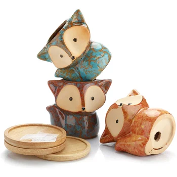 

4pcs Ceramic Succulent Planter Pot Foxes Shaped Cute Cactuses Plant Pot with Bamboo Tray for Home Office Desk Decoration TB S