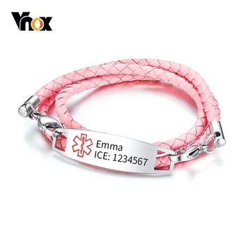 

Vnox Free Engraving Braided Leather Medical Alert ID Bracelets for Kids Women ICE Jewelry