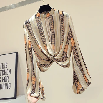 

Striped Long Sleeve Chiffon Blouses for Women 2019 New Spring Autumn Loose Lantern Sleeve Basic Top Short Pullovers Female Shirt