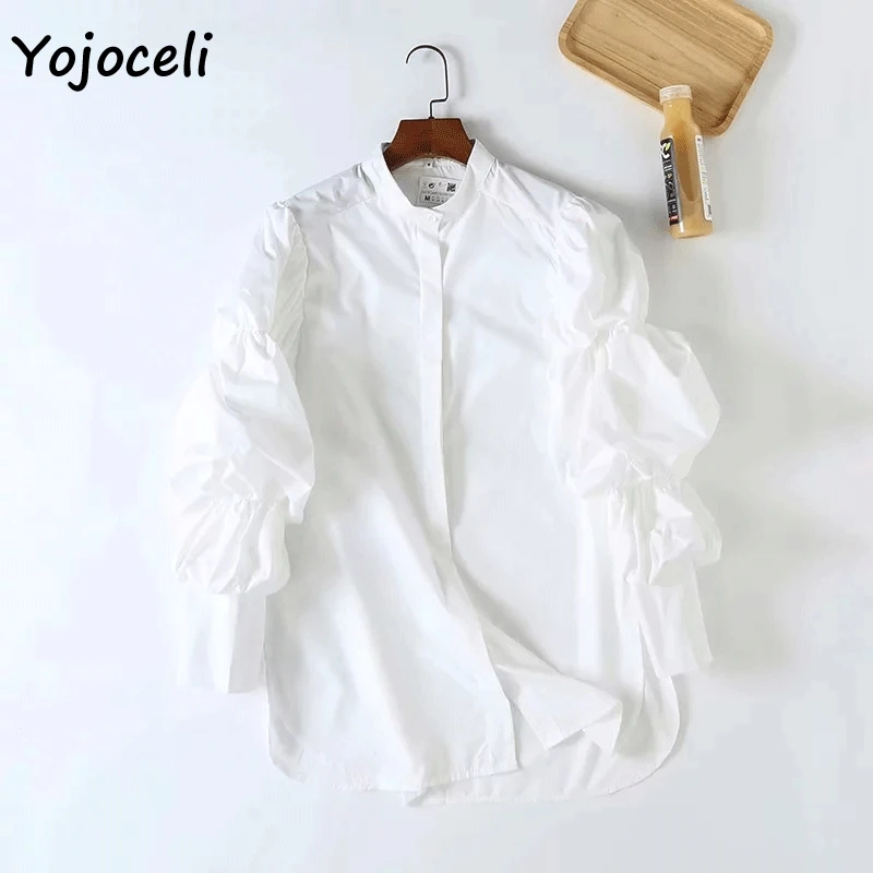 Yojoceli с пышными рукавами белые женские блузки, рубашки универсальные Блузы на пуговицах Женские топы и рубашки уличная одежда