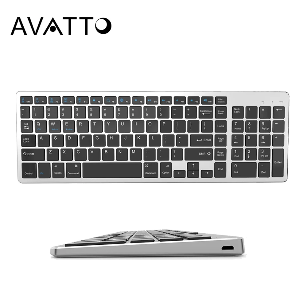 

AVATTO Ultra Slim 102 Keys Apple Stype Rechargeable Bluetooth Keyboard for Mac Windows PC Laptop Android IOS Phone Tablet