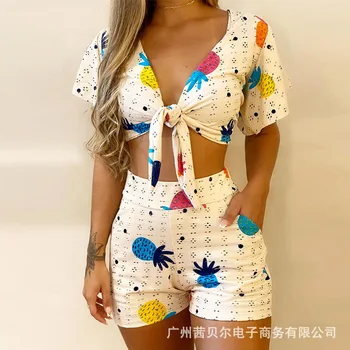 

WEPBEL Women Clothing Set Floral Bow Short Sleeve Top + Shorts Flower Sexy Summer Spring New Fashion Casual Clothes Sets