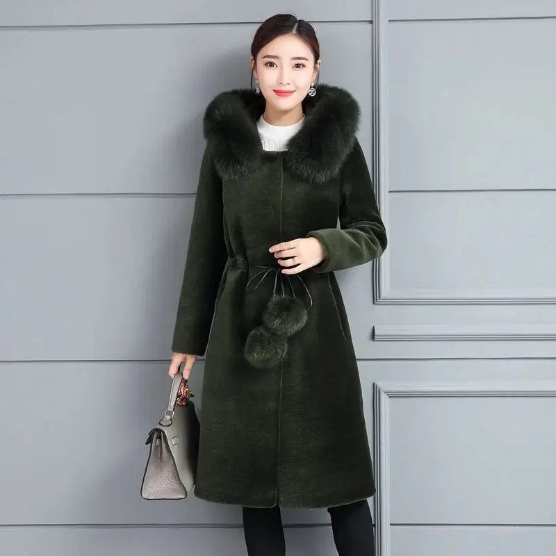 

2019 New Winter Women Plus Size 4XL Genuine Fox Fur Collar Hooded Long Coat Ladies Slim Thick Real Sheep Shearing Fur Jacket J82