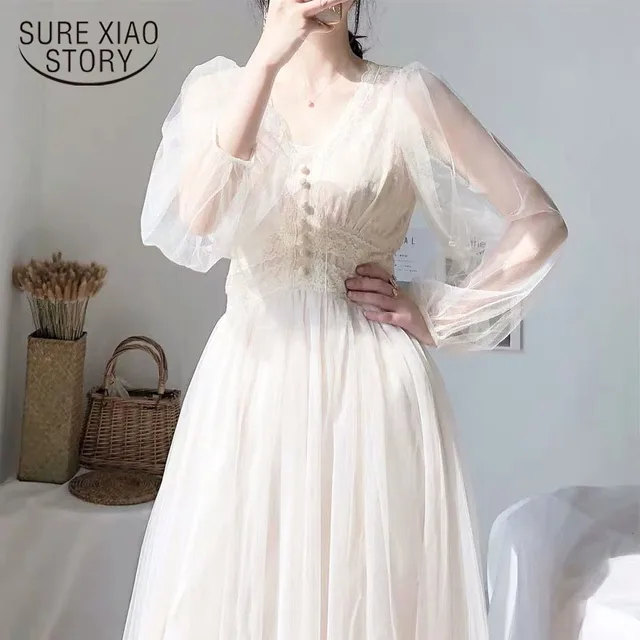 Dress Women 2021 Spring Plus Size Dresses Elegant A-Line Vestidos Solid Puff Sleeve Empire V-Neck Ladies Lace Dress Mesh 8126 50 1