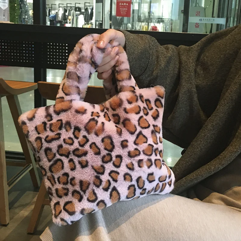 Plush PU Leather Shoulder Bag Leopard Clutch Bag Women Messenger Crossbody Small