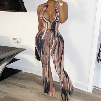 

2020 New Fashion Tie Dye Zipper Up Flared Pants Jumpsuits Women Sexy Sleeveless Skinny Bodycon Rompers Club Streetwear
