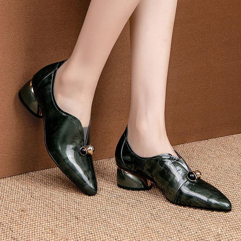 Туфли-лодочки женские из натуральной кожи на толстом каблуке | Обувь