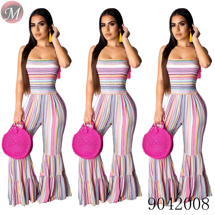 9042008 Sexy suspender smocking stitch flared women long jumpsuit