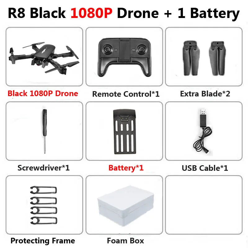 R8 1808 Drone with Dual Camera 1080P 4K PX1600W HD WiFi FPV Optical Flow Automatic Beauty RC Quadcopter Helicopter XS816 SG106 - Цвет: 1080P Black 1B FB