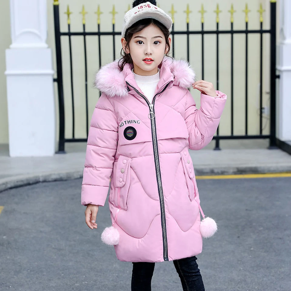 Модные зимние куртки с принтом для девочек, новинка года, теплое хлопковое Стеганое пальто парка с капюшоном и меховым воротником для девочек средней длины - Цвет: Розовый