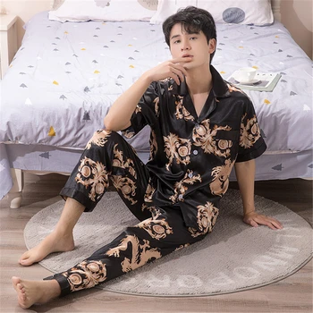 

Short-sleeved pajamas suit men's satin temperament noble home service loose silky trousers sleepwear 2PC black pyjama homme sexy