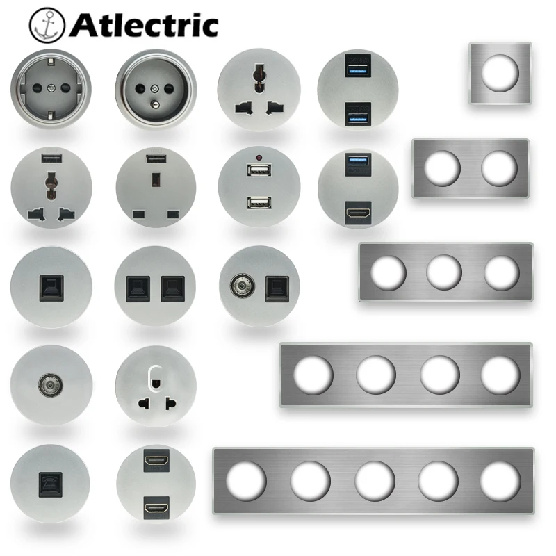 

Atlectric Usb Wall Power Socket Gray Brushed Panel EU UK French Socket TEL TV CAT6 HIMI Outlet Function Key DIY Free Combination