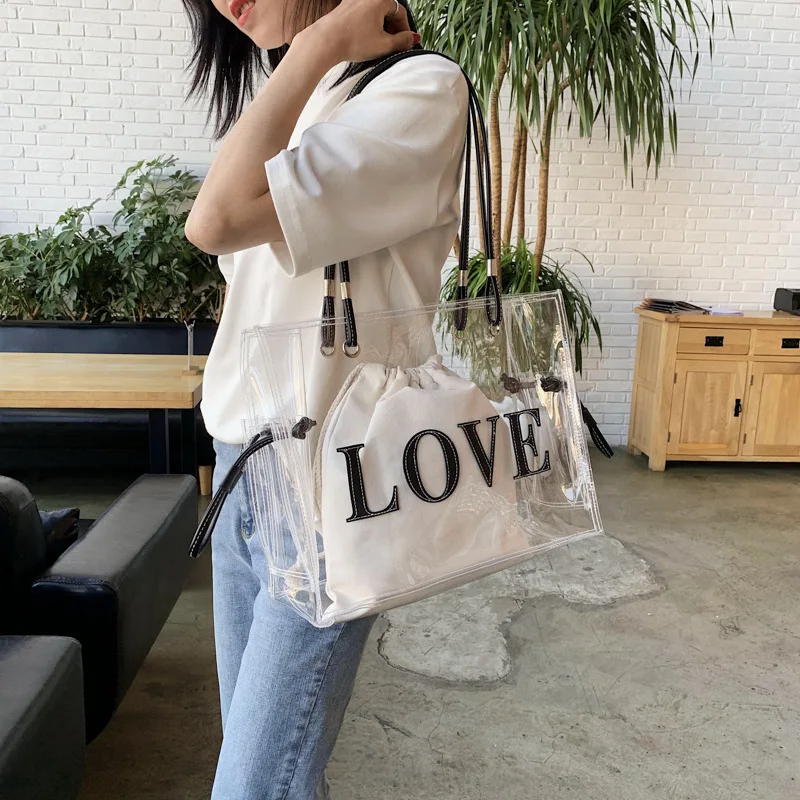 Women Fashion Transparent PVC Handbag Female Clear Brown Shoulder Bag LOVE  Letter Printing Tote Bags Summer Beach Handbags XA813