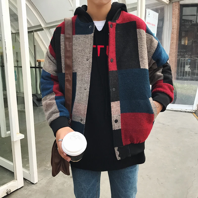 

Woolen Plaid Bomber Jacket Men Fashions Hip Hop Streetwear 2020 Autumn Spring Oversize Jacket