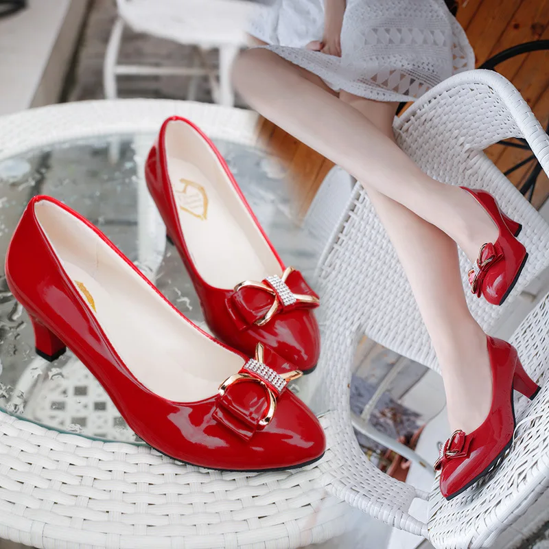 

2019 High Heel Shoes round-Toe Large Size Shallow Mouth Single Shoes Patent Leather Chunky Heel 42 Yards WOMEN'S Shoes Black And