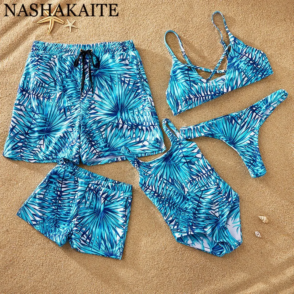 NASHAKAITE семейная одежда летняя пляжная для отдыха купальный костюм с синим принтом