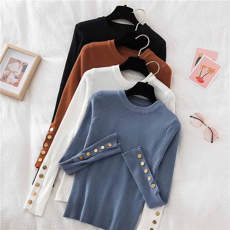 

2020 Autumn winter thick sweater women's knitted button long sleeve half high collar slim fitting Pullover soft warm women's top