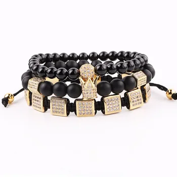 Luxury Men Bracelet Jewelry CZ Pave Square Crown Charm Natural Stone Onyx Beaded Bracelet Set For Man