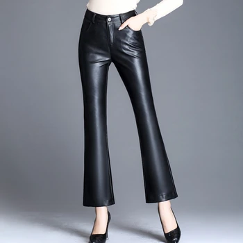 

Genuine Leather Pants Womens Natural Real Sheepskin High Waist Trendy Korean Style Black Flare Pants Formal Lady Trousers Women