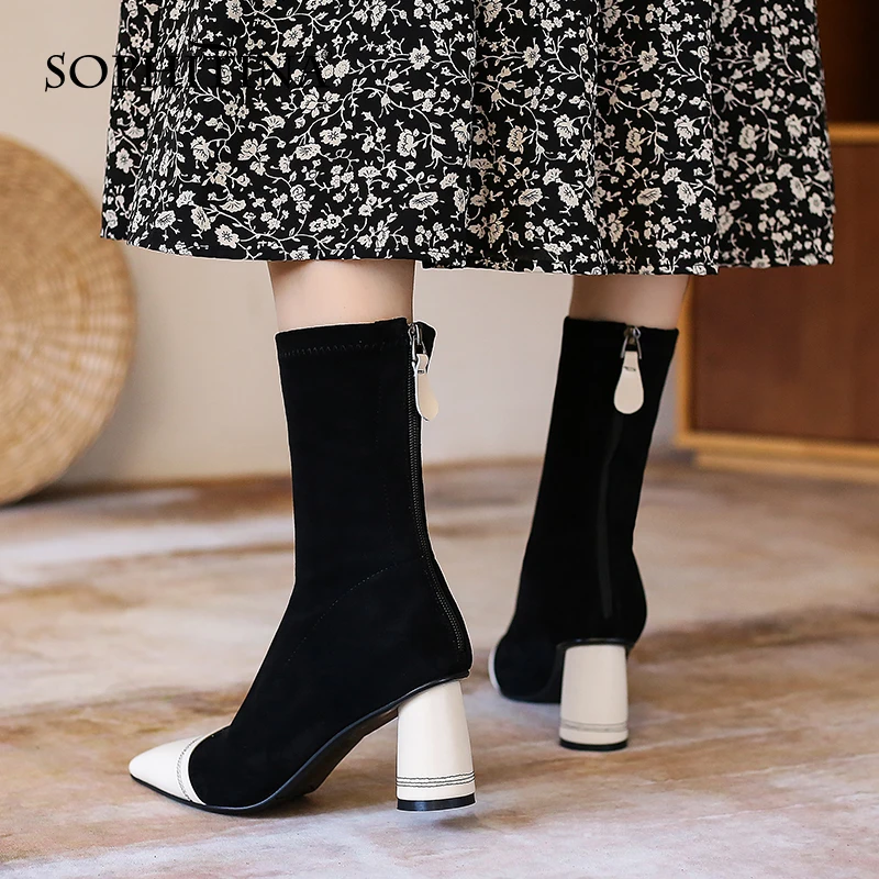 

SOPHITINA Women Boots Fashion Elegant Handmade Ladies Mid-calf Boots Pointed Toe Round Heel High Heel Zipper Shoes Women SO656