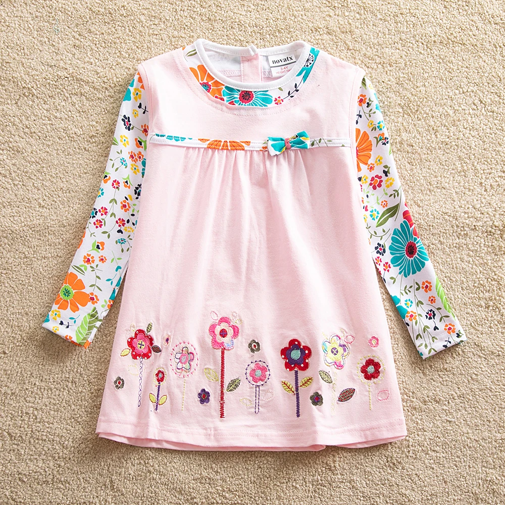 JUXINSU/Хлопковые платья с длинными рукавами и цветочным принтом для девочек повседневная одежда с вышивкой на осень и зиму для девочек; платье для девочек