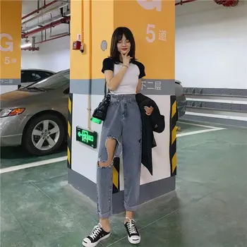 

High-waist Jeans Women's Autumn and Winter Fashion Trend Casual Loose Hole Frayed Ankle Length Straight Pants Plus Size