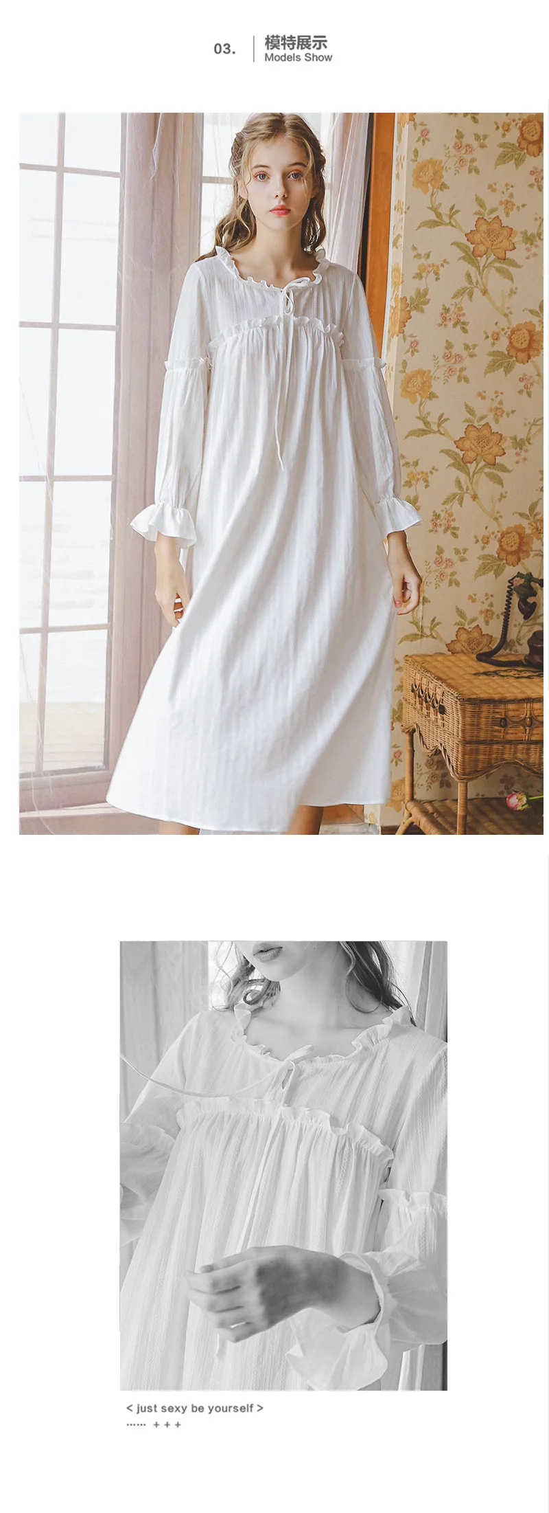 Womens Spring and Summer Sleeping Dress Princess Palace Vintage Night Gown Viscose Long Sleeves White Sleep Wear Sleepshirts