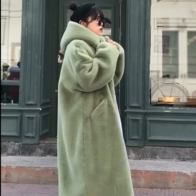 Зимнее корейское Женское пальто с капюшоном, свободное, толстое, теплое, меховое пальто для женщин, имитация кроличьей шерсти размера плюс, длинное пальто