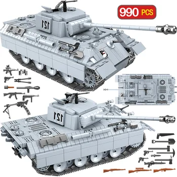 

990PCS Military Panther Tank 121 Building Blocks Technic City WW2 Tank Soldier Weapon Army 100064 Bricks Kids Toys