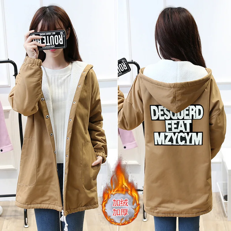 

Photo Shoot GIRL'S Autumn And Winter Coat Mid-length Cotton Coat Korean-style Hooded plus Velvet Students Thick Warm Coat Overco