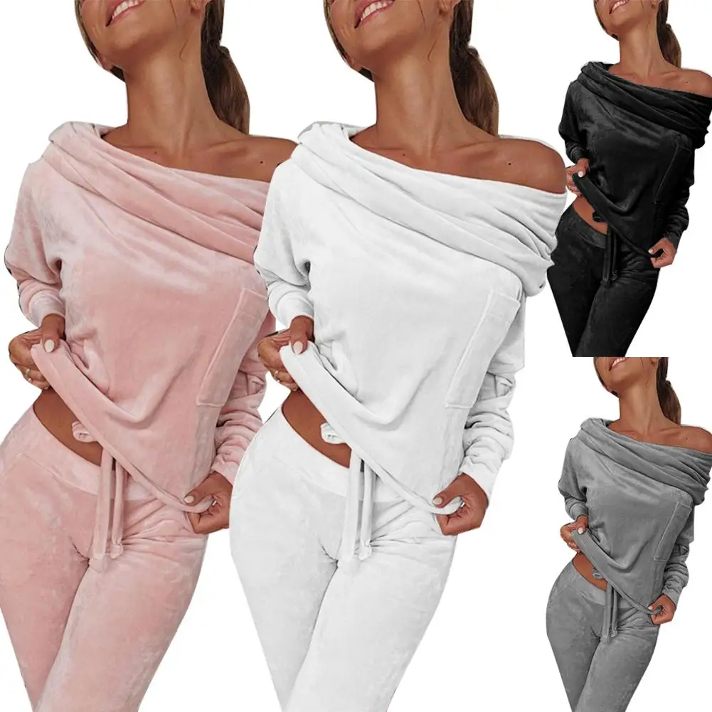 

One Set Casual Solid Color Women Long Sleeve One Shoulder Top And Pants Tracksuit Set Suitable for doing exercises running gifts