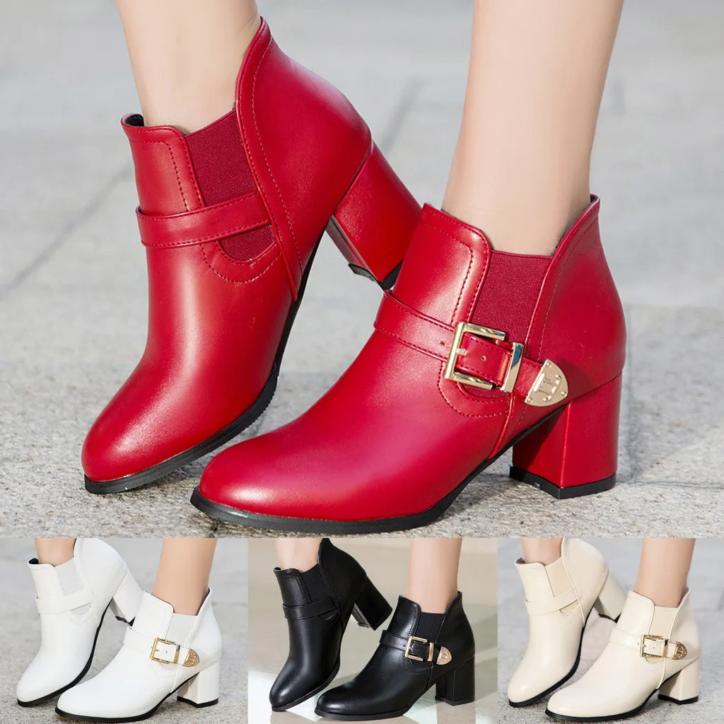 

MUQGEW Women's Boots Ladies Solid Color Wedges Shoes Round Toe Large Size Buckle Boots Mid Heel Boots Shoes Botines mujer 2019