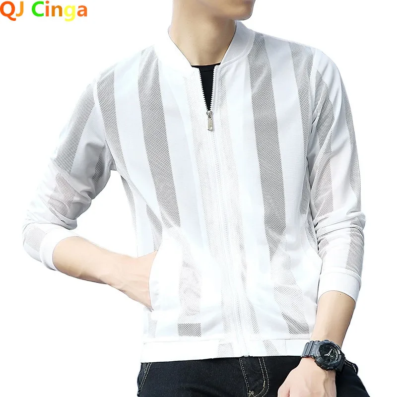 2026 신상 메쉬 스트라이프 자외선 차단 의류 트렌드 여름 남성 스킨 의류 단색 와일드 재킷 아시안 사이즈 M-3XL 4XL..
