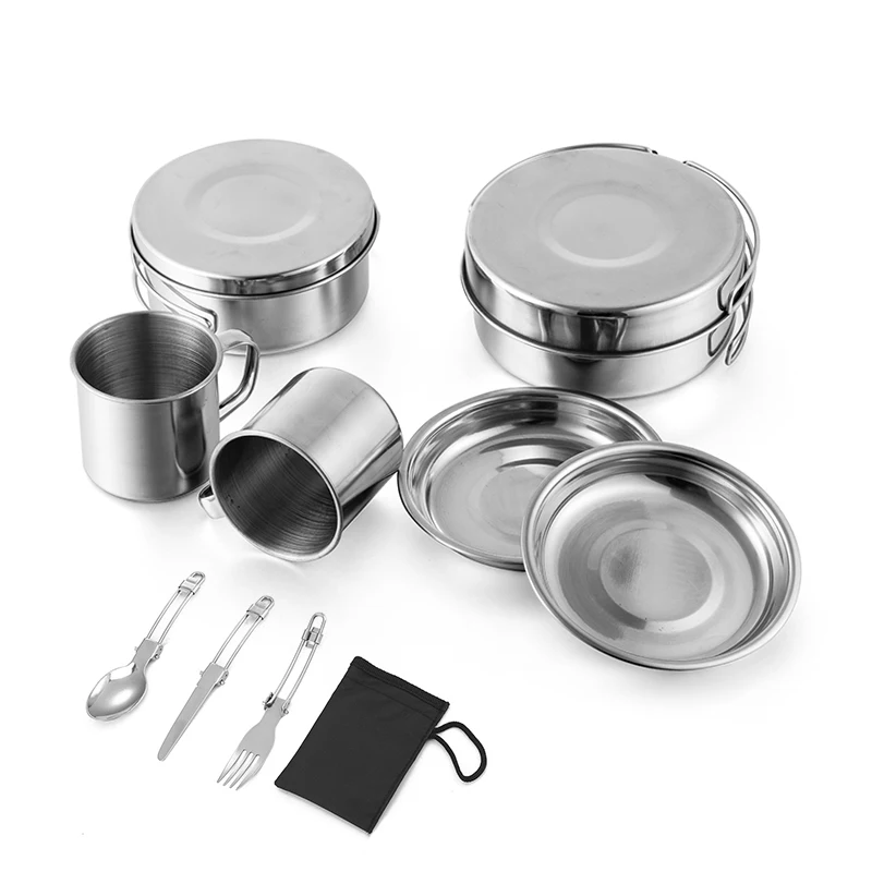Tableware for Trekking Camping Equipment Picnic Camp Cooking Supplies Stainless Steel Pots Cookware Set Foldable Tableware Fork