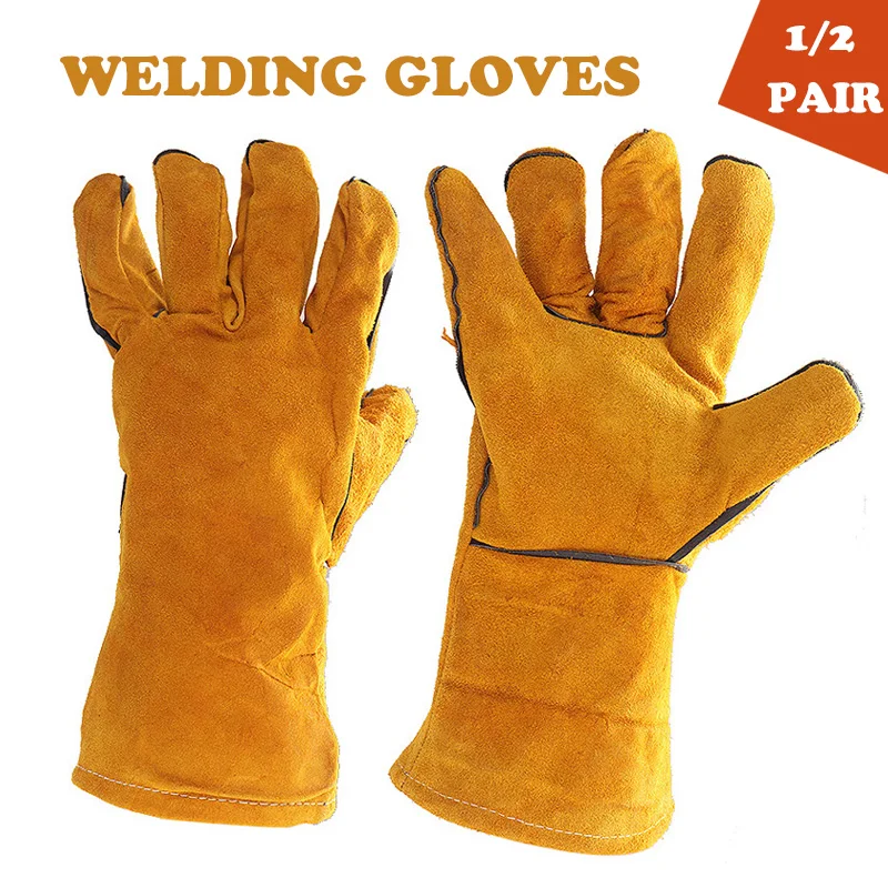 1 Pair Welders Gloves Cow Leather Fireproof Heat Resistant Welding Work Safety Gloves for Welding Metal Woodworking Protective