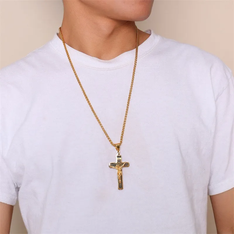 ZORCVENS INRI крест кулон ожерелья для мужчин с Иисусом из нержавеющей стали молитва мужской христианский воротник аксессуары на удачу