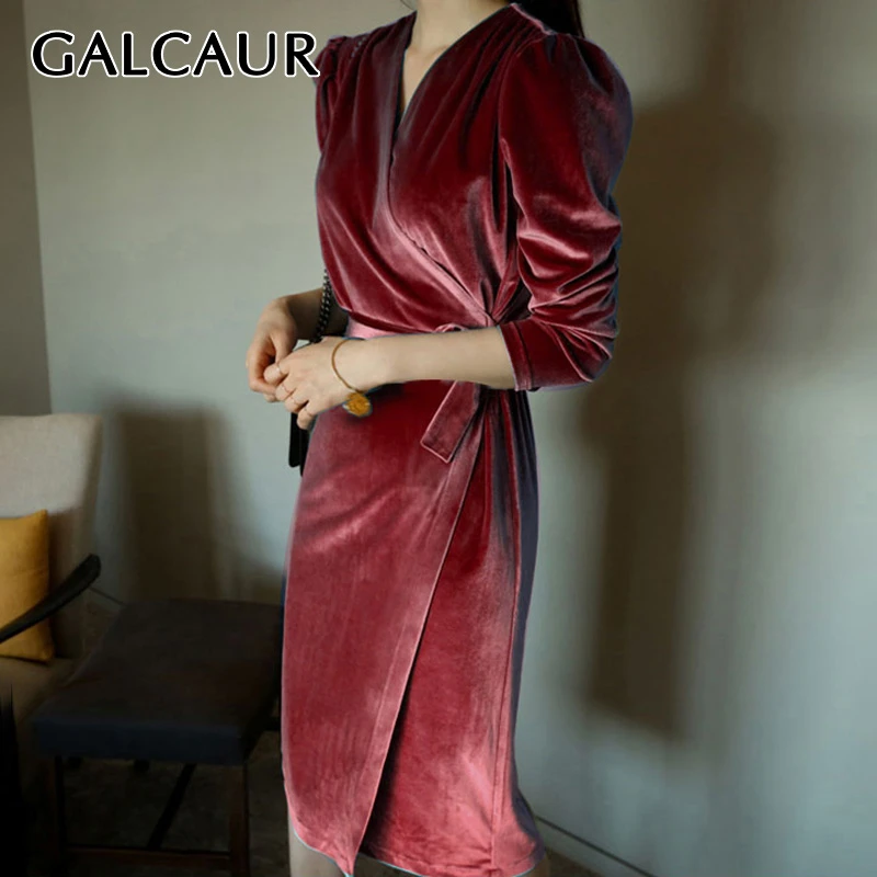 GALCAUR/корейское женское платье с бантом для женщин v образный вырез длинный рукав