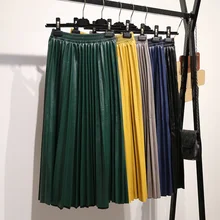 Плиссированная юбка из искусственной кожи, Осень-зима, модная новинка, эластичная талия, высокая талия, универсальная женская юбка, юбки размера плюс