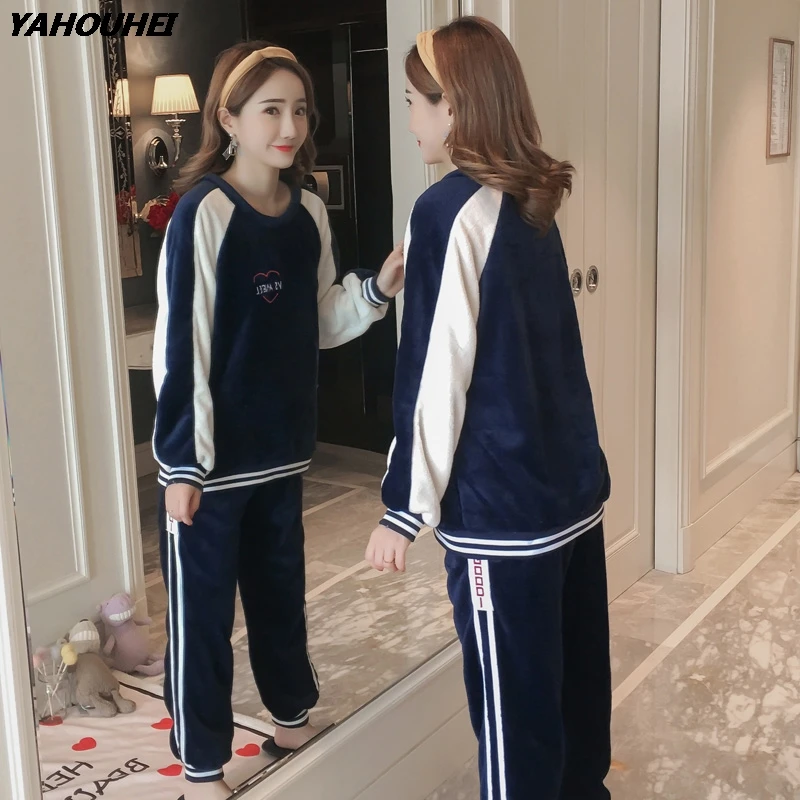 

Casual Striped Thick Warm Flannel Pajamas Sets For Women 2019 Winter Long Sleeve Coral Velvet Pyjama Sleepwear Homewear Clothing