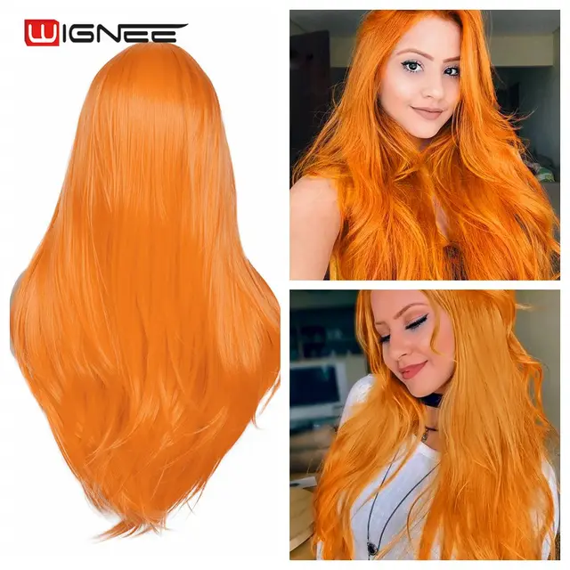 Wignee Long Natural Straight Wig Blonde Middle Part Cosplay Party Lolita Synthetic Wigs for Women Heat Resistant Fiber Orange
