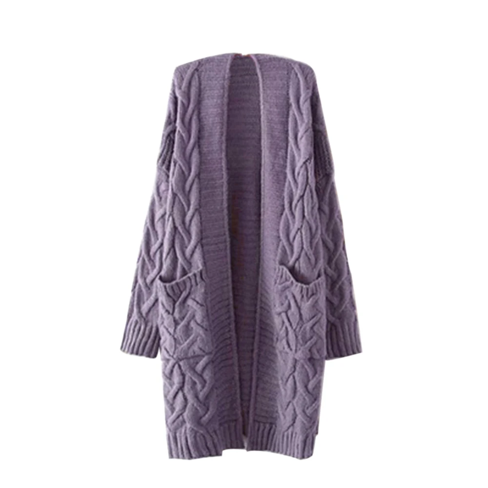 purple Женский вязаный кардиган, пальто осень-зима, женский модный свитер с длинным рукавом, длинное пальто, Женский однотонный вязаный кардиган, Новинка - Цвет: purple