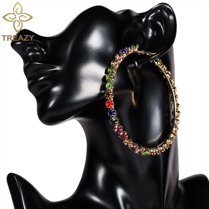

TREAZY New Multicolor Rhinestone Big Hoop Earrings for Women Wedding Party Jewelry Trendy Crystal Celebrity Statement Earrings