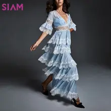 SIAM Макси платье дизайнерское бело-голубое платье для торта женское кружевное платье с v-образным вырезом женское высококачественное подиумное праздничное платье для вечеринки Boho осень