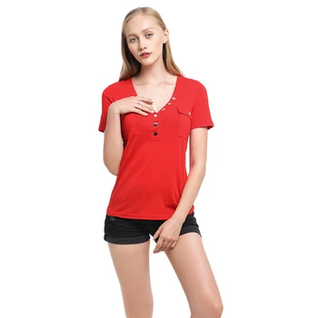 

Rivet Tshirt Women Hipster Pocket Solid Tshirt V-Neck Women Clothes 2019 Summer New