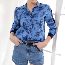 Casual Long Sleeves Blouse Women Spring Loose Turn Down Collar Vintage Print  Beach Shirt D35