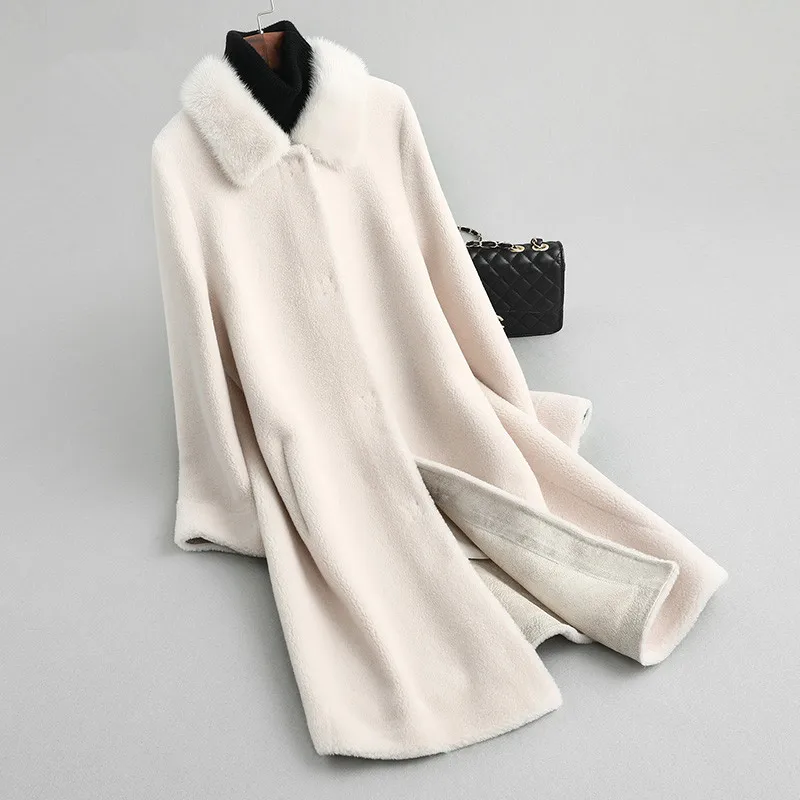 

2019 Autumn Winter Jacket Women Mink Fur Collar 100% Wool Coats Real Fur Coat Female Lamb Fur Warm Jacket A244