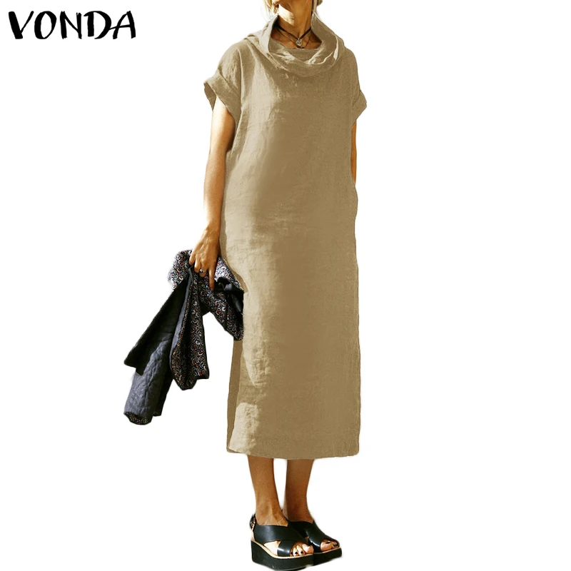VONDA, женское платье, повседневное, короткий рукав, водолазка, платье размера плюс, свободный сарафан, лето, богемное платье для женщин, Vestidos S-5XL - Цвет: Хаки