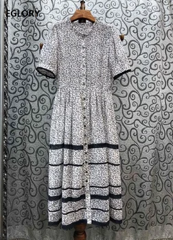 

100%Cotton Dress 2020 Summer Style Women O-Neck Elegant Little Floral Print Tunic Buttons Short Sleeve Mid-Calf Vintage Dress